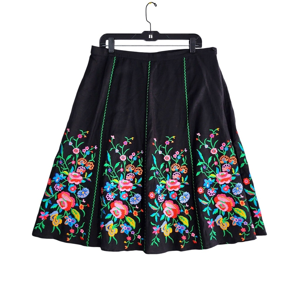 Louis Dell'Olio Midi Skirt Women 16 Black Linen Blend Embroidered Floral NWT